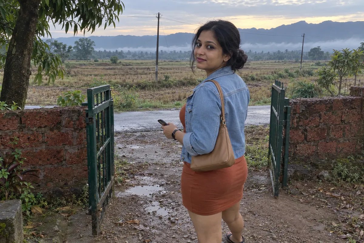 A woman in a denim jacket at the gate of a farmhouse near Karjat at dawn, leaving for Mumbai after the night