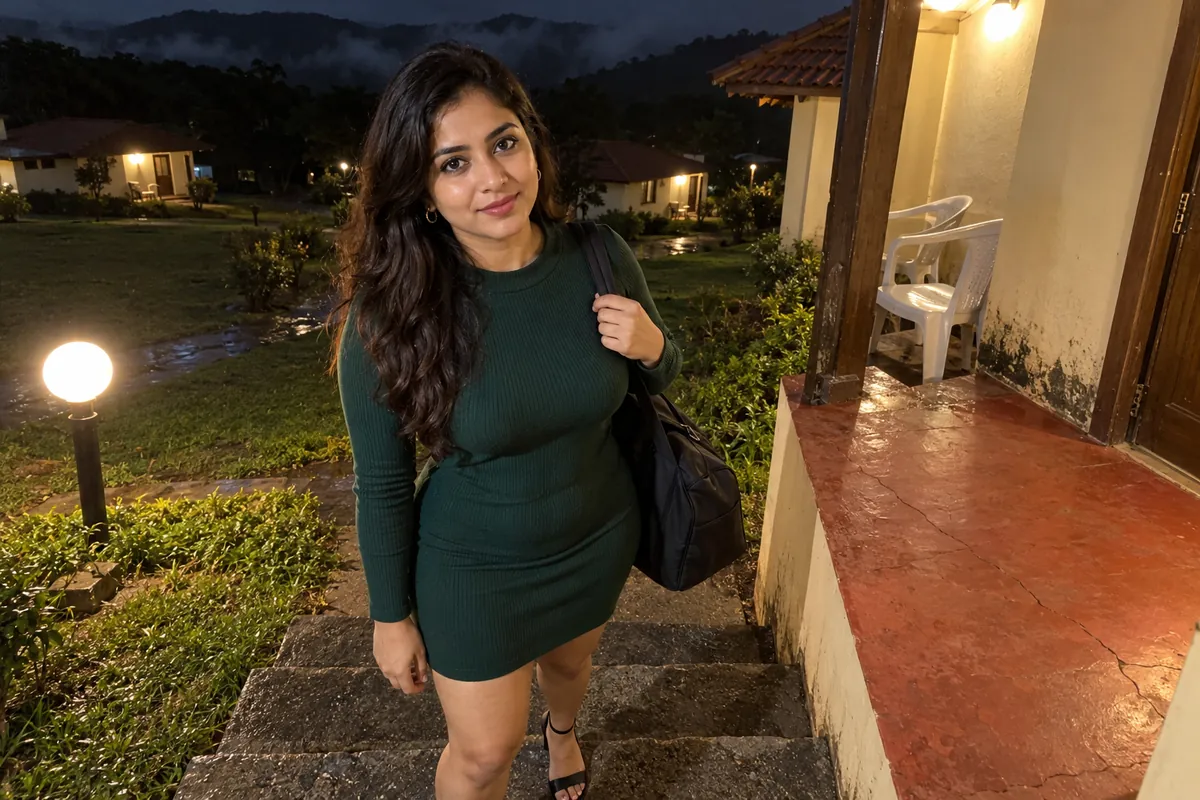 A woman in a green knit dress with an overnight bag on the steps of a resort cottage near Lonavala at night
