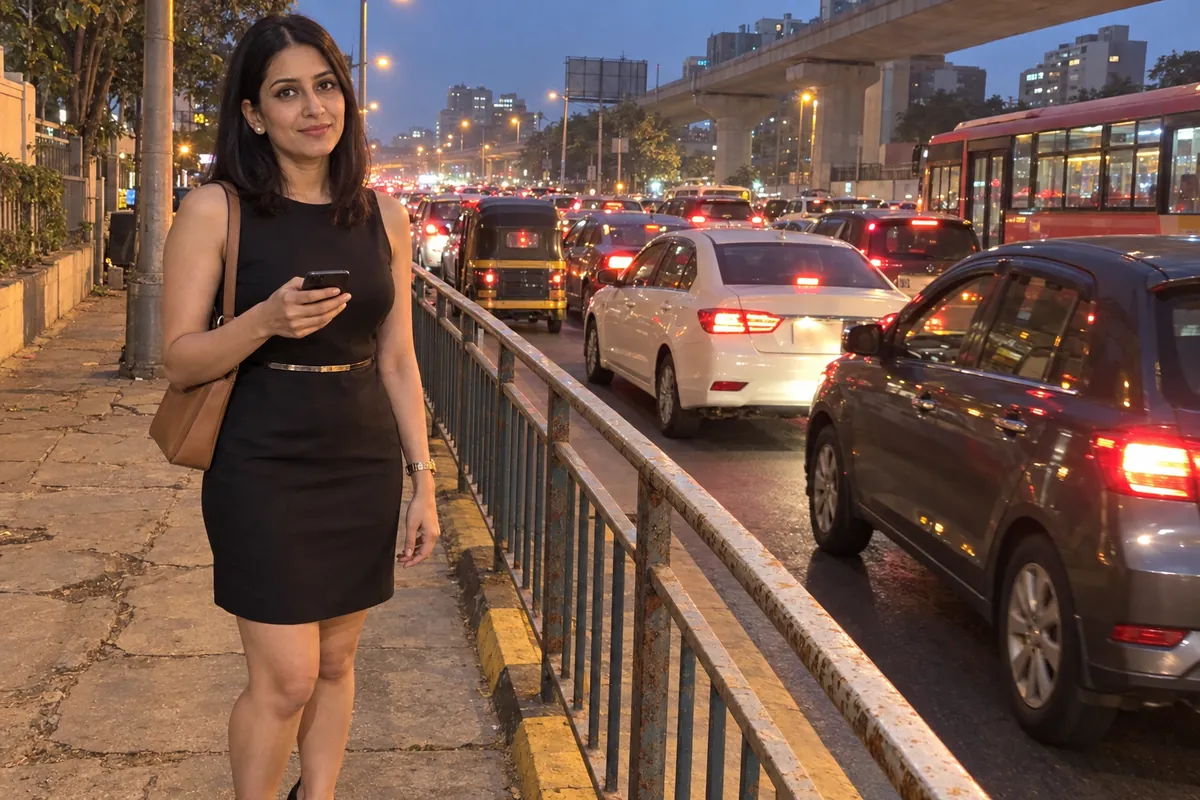 A woman in a black dress on the footpath beside the evening jam on the Western Express Highway